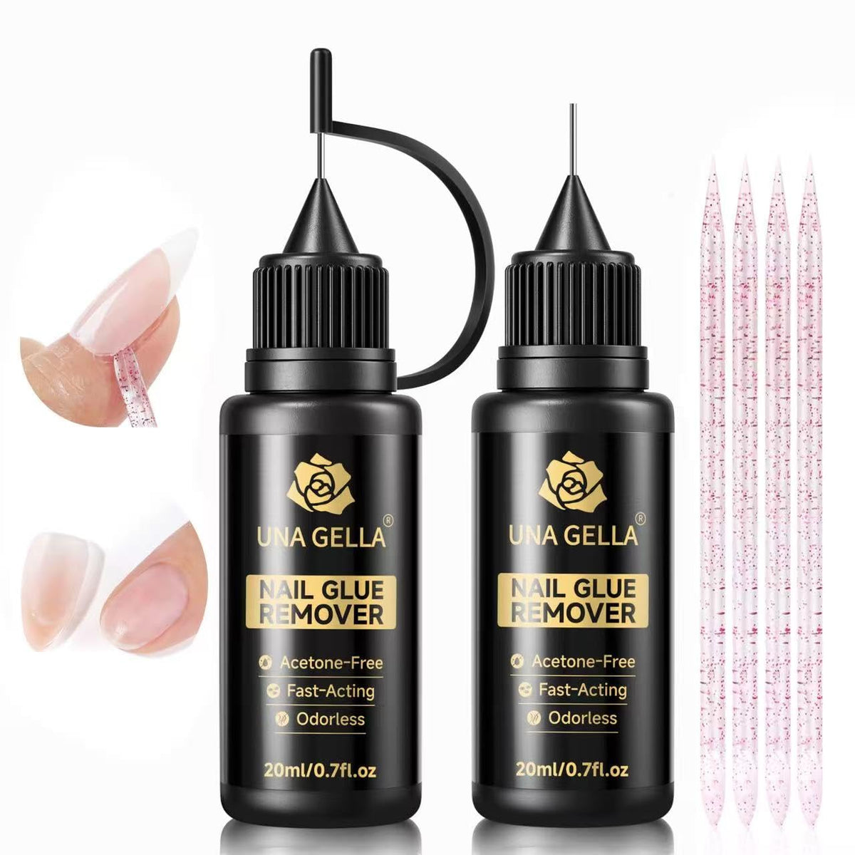 UNA GELLA front packaging showing two 20ml bottles and crystal stick for easy removal