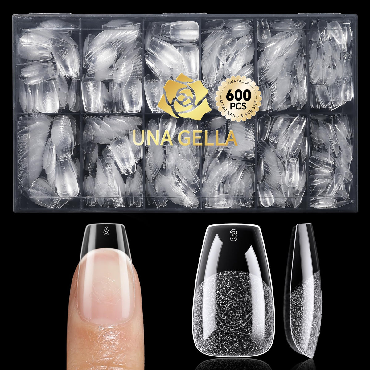 UNA GELLA front packaging showing 600-piece kit and box, clear organization benefit