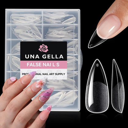UNA GELLA front packaging showing full 216-piece stiletto kit and size labels