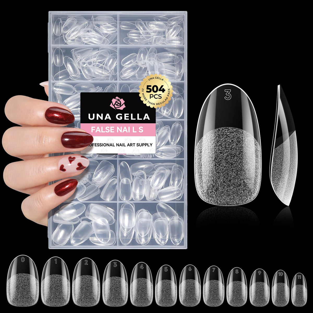 UNA GELLA front packaging showing 504 pre-shape tips and included sizes for quick salon looks