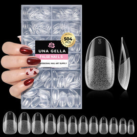 UNA GELLA front packaging showing 504 pre-shape tips and included sizes for quick salon looks
