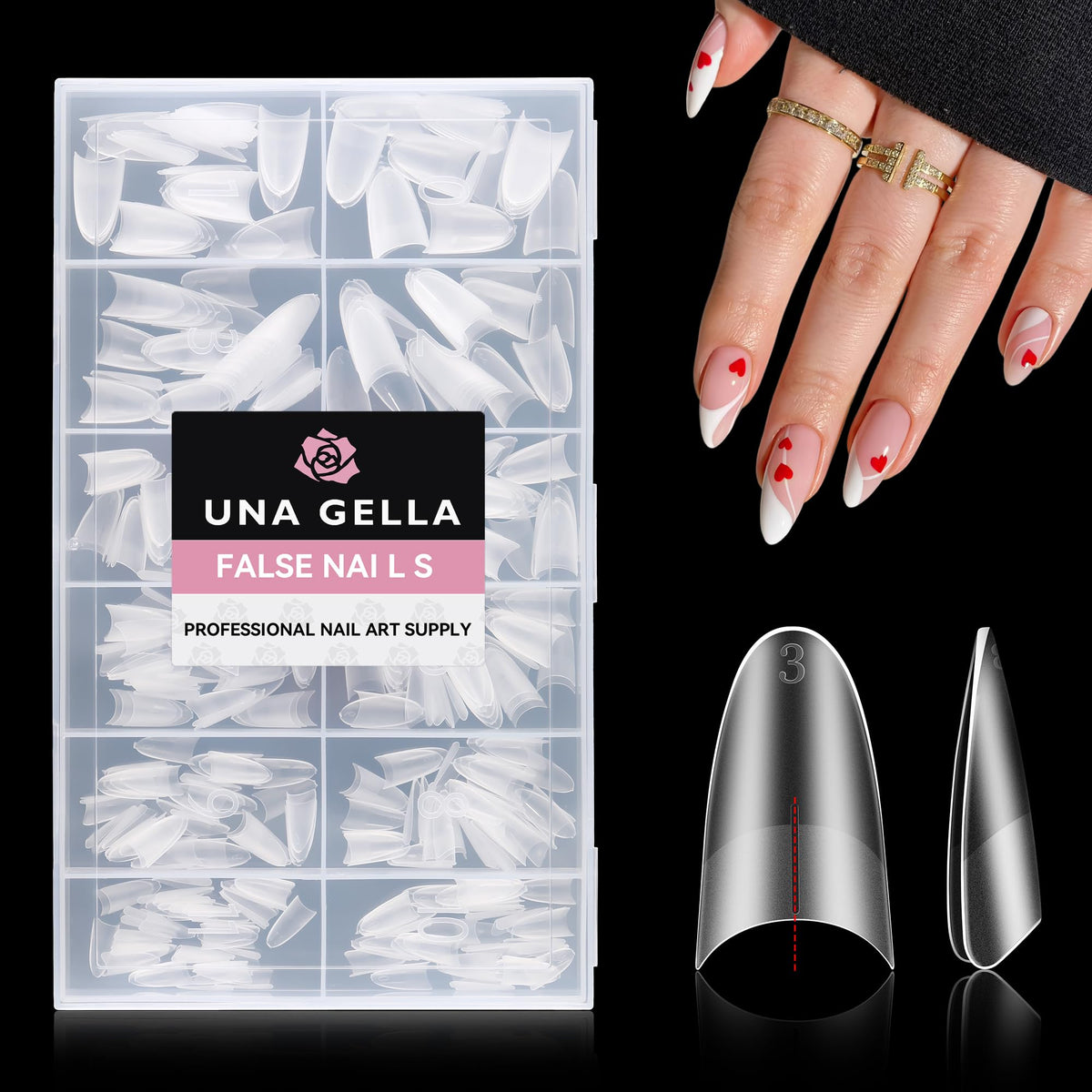 UNA GELLA front packaging showing 504 clear almond gel tips and sizes benefit fast selection
