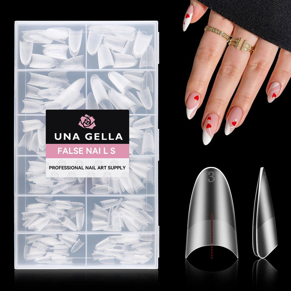 UNA GELLA front packaging showing 504 clear almond gel tips and sizes benefit fast selection