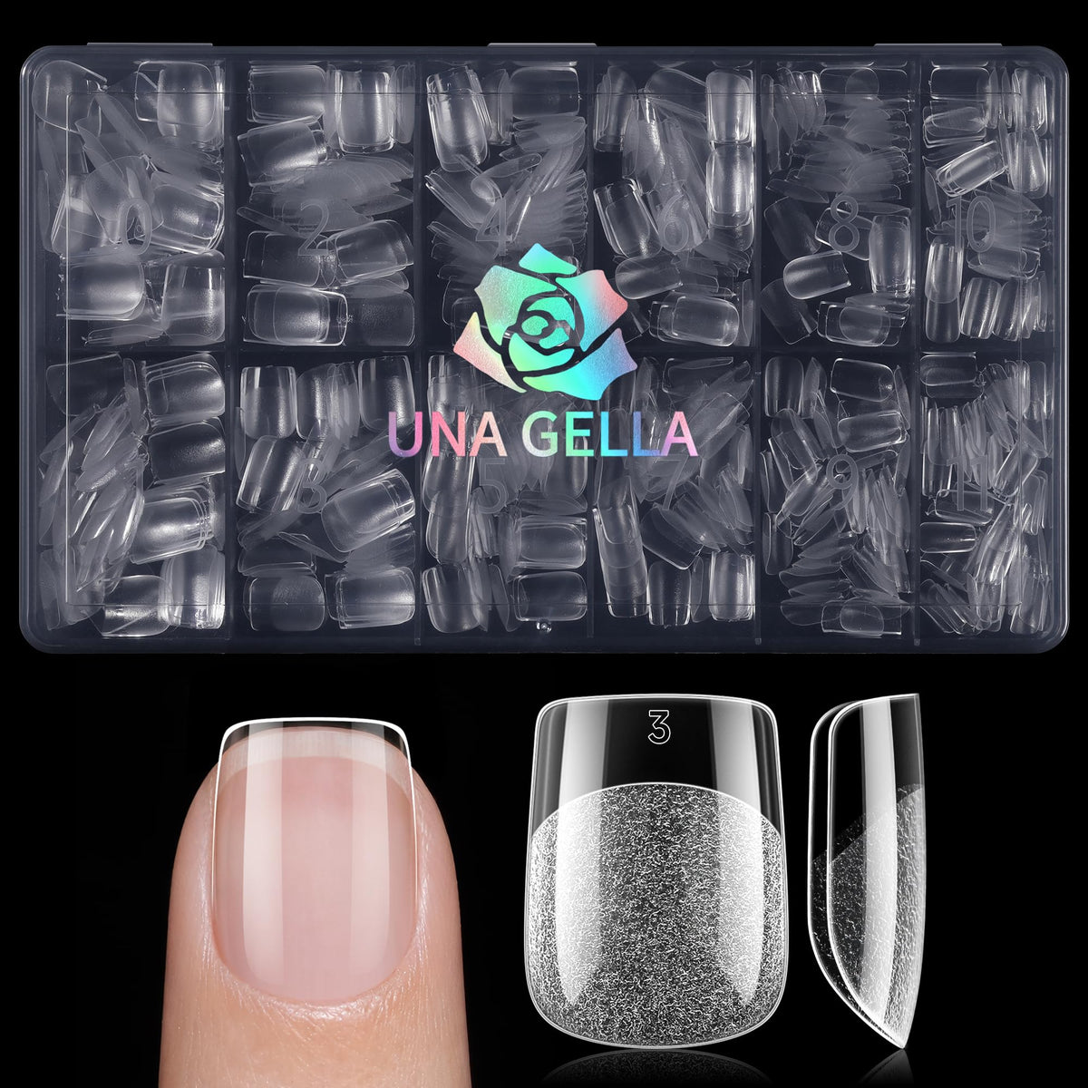 UNA GELLA front packaging showing 600 extra-short square tips and sizes