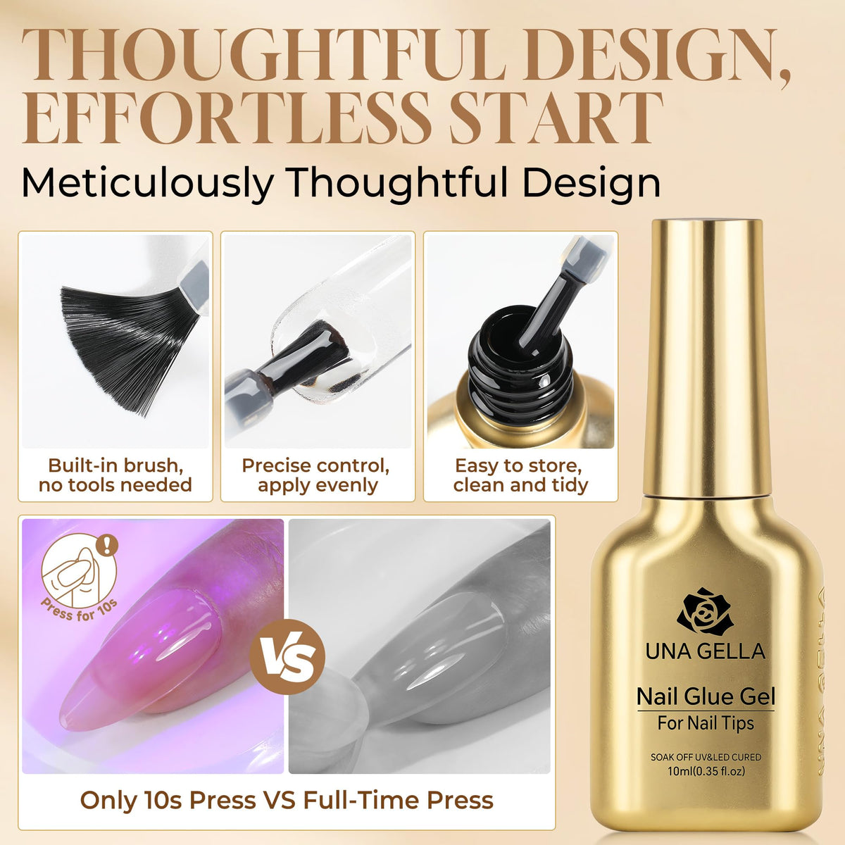 UNA GELLA filling gap demonstration between natural nail and clear tip for strong bond