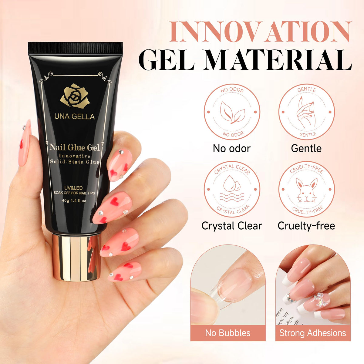 UNA GELLA gel texture close-up demonstrating clear, non-yellowing cured finish