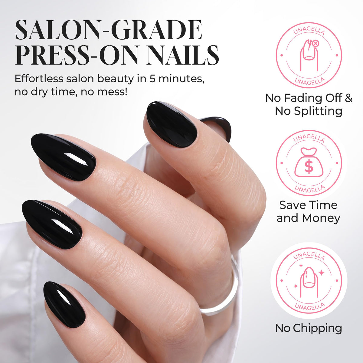 UNA GELLA glossy black finish on nails showcasing timeless elegant look