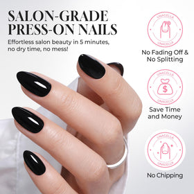 UNA GELLA glossy black finish on nails showcasing timeless elegant look