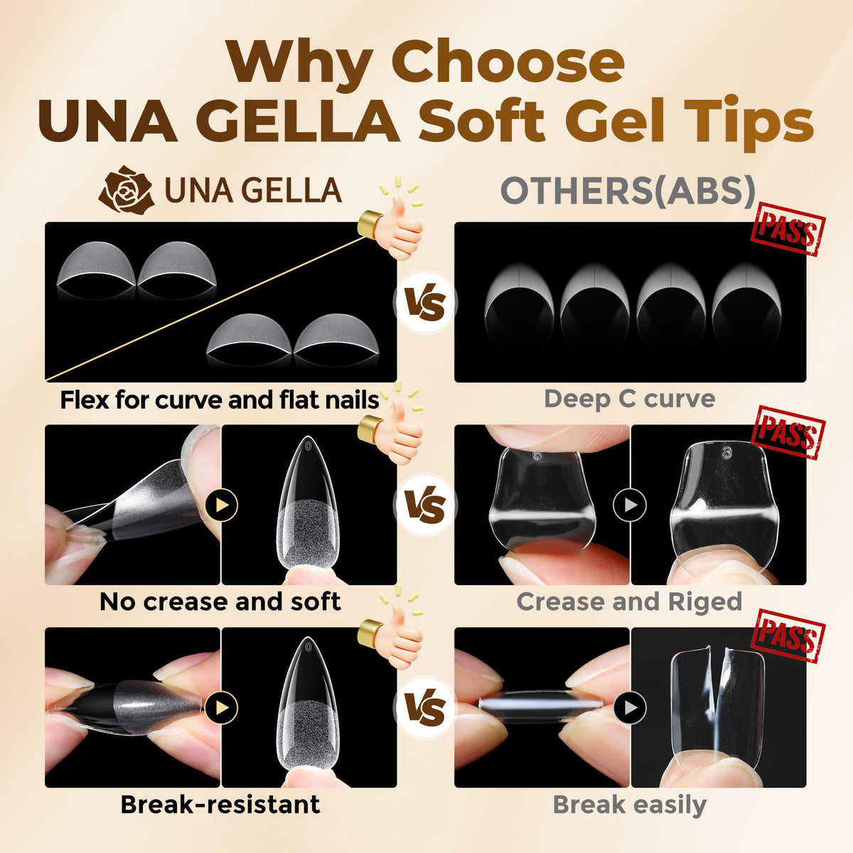 UNA GELLA tips in hand to show scale and fit, helping choose correct sizes easily