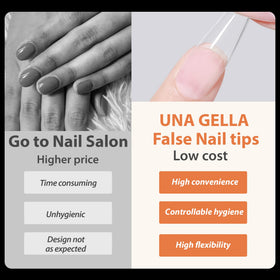 UNA GELLA tips held in hand to show scale and short curved shape for accurate sizing
