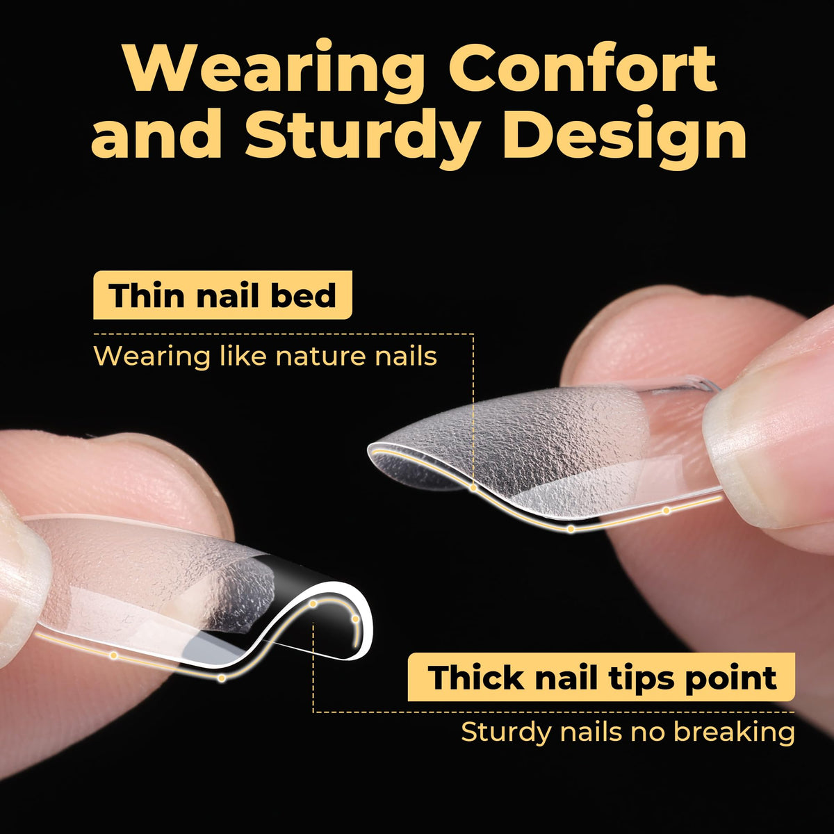 UNA GELLA tips in hand for scale demonstrating compact extra-short length