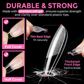 UNA GELLA being applied with adhesive on a natural nail demonstrating quick DIY use