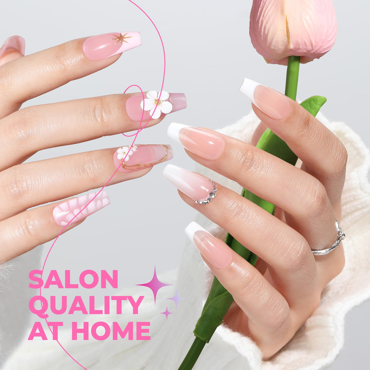 UNA GELLA lifestyle finished nails on hand model showing salon look benefit