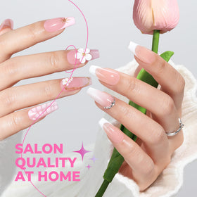 UNA GELLA lifestyle finished nails on hand model showing salon look benefit