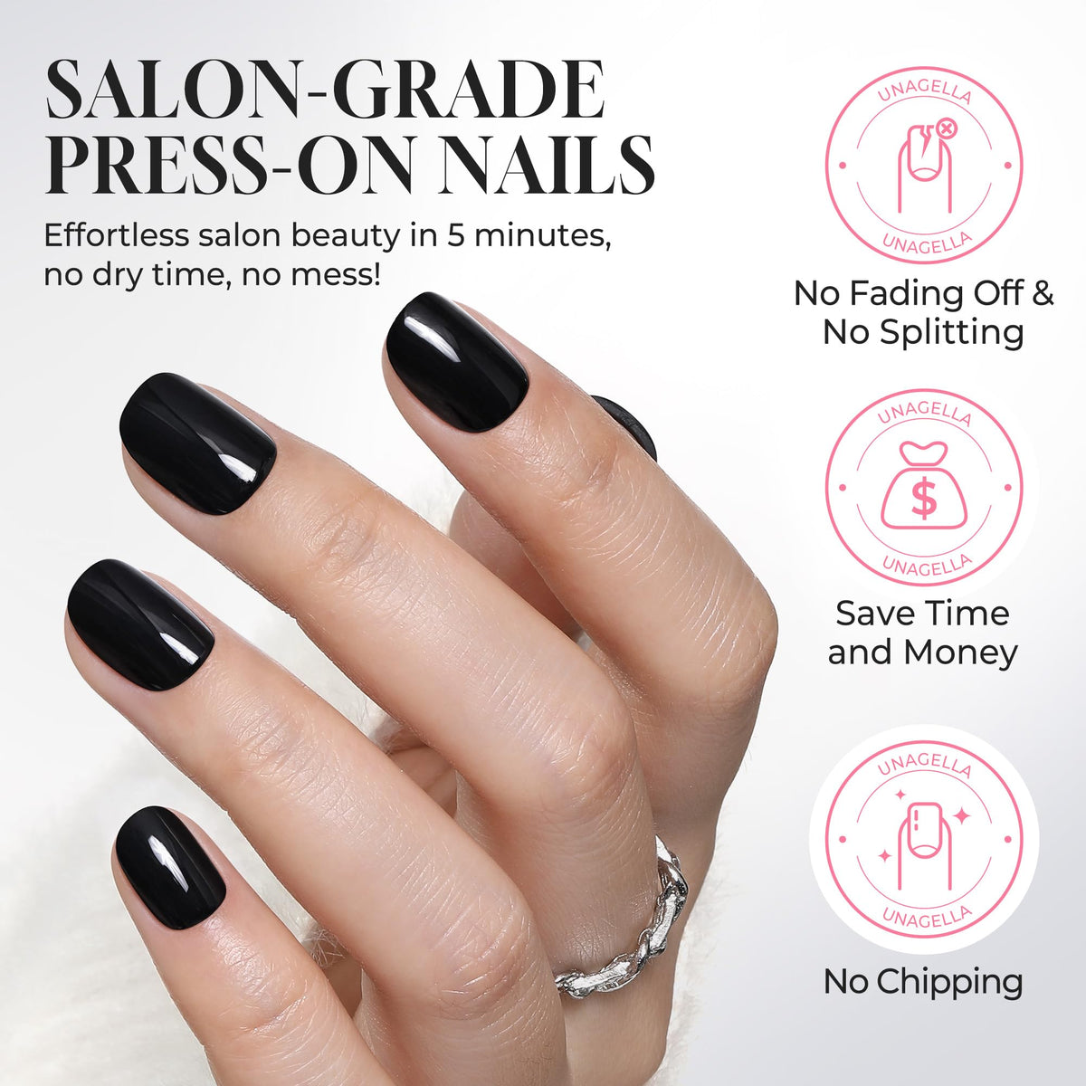 UNA GELLA lifestyle shot with outfit pairing for versatile black nails