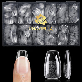 UNA GELLA lifestyle shot of finished short coffin manicure, presents salon-worthy results
