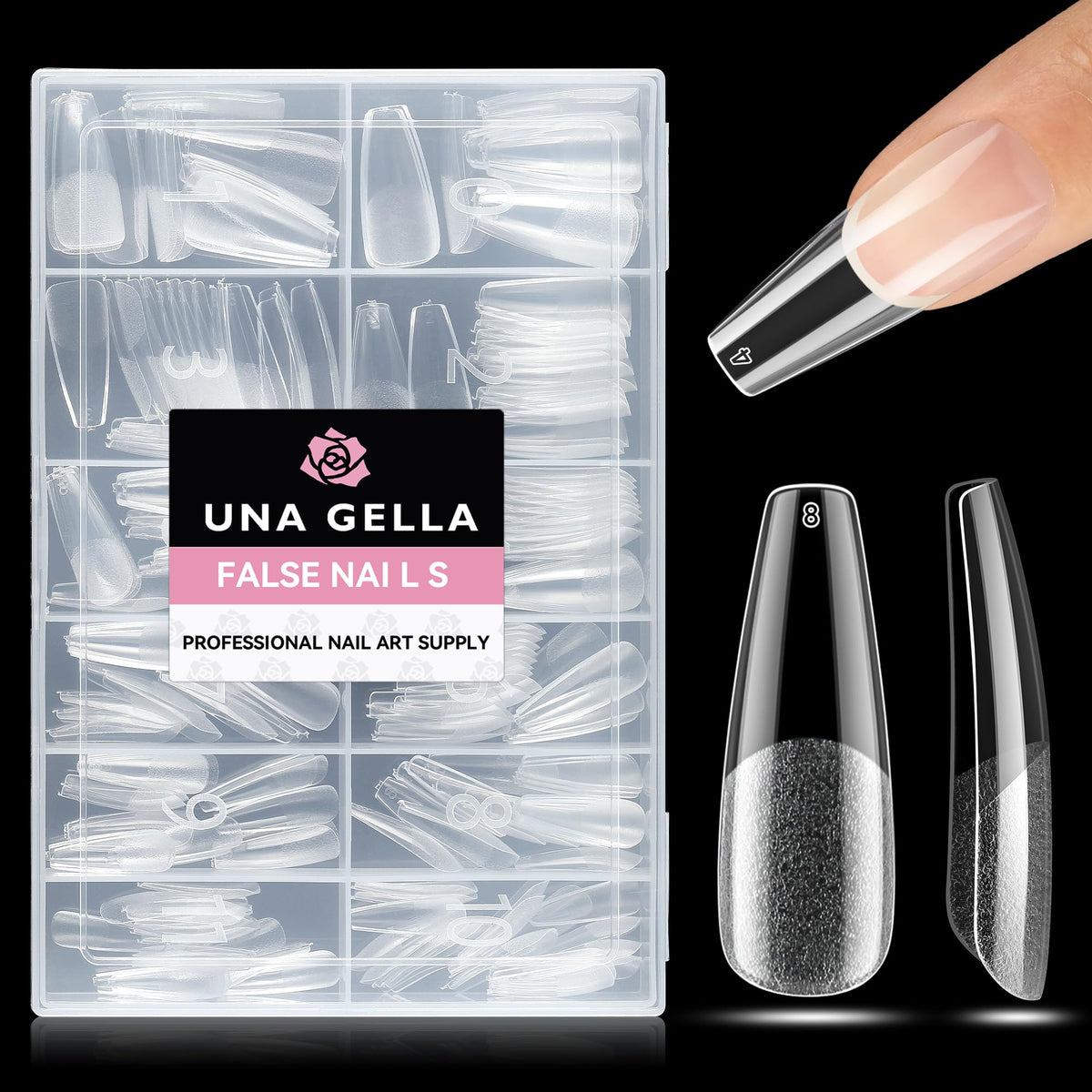 UNA GELLA front packaging showing 216 clear long coffin tips and benefits