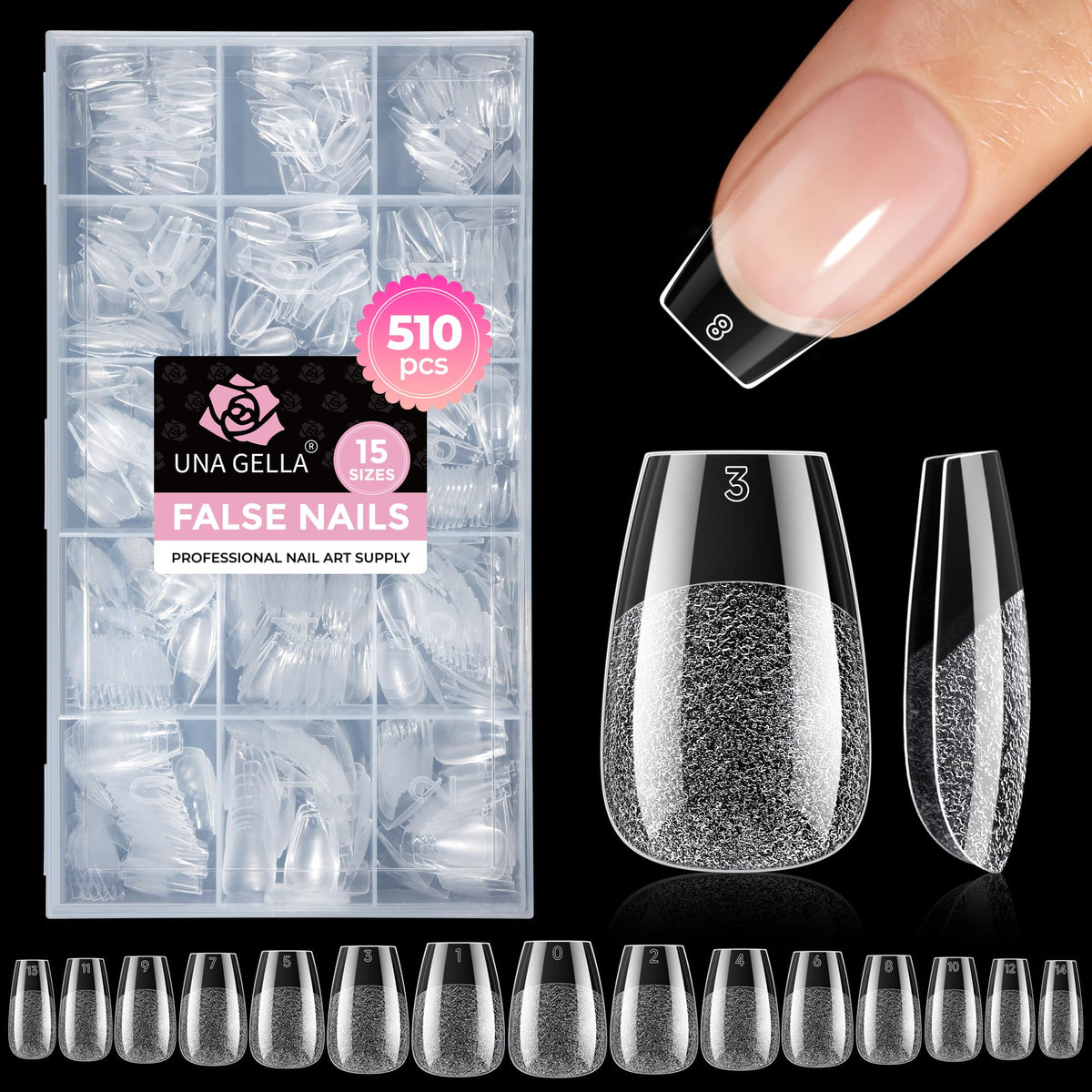 UNA GELLA package front showing 510-piece kit and clear tips for convenient storage
