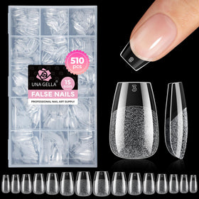 UNA GELLA package front showing 510-piece kit and clear tips for convenient storage