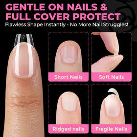 UNA GELLA finished painted short coffin nails showing polished salon result