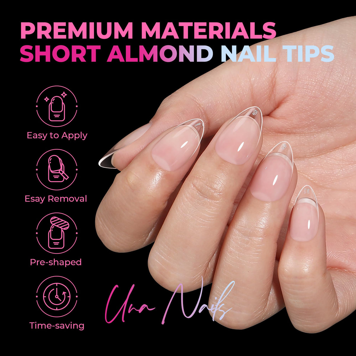 UNA GELLA side view of pre-shaped almond tip, provides natural silhouette