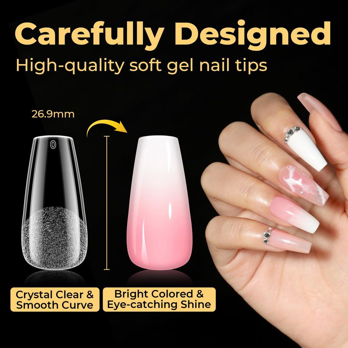 UNA GELLA tips beside a hand for size comparison showing true-to-scale fit benefit