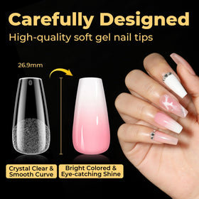UNA GELLA tips beside a hand for size comparison showing true-to-scale fit benefit