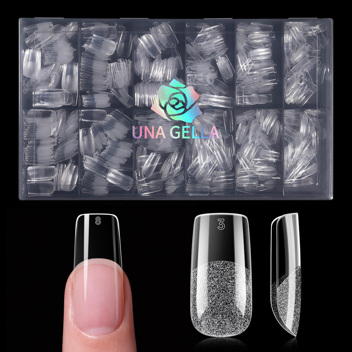 UNA GELLA tips on a hand for scale comparison illustrating true medium length