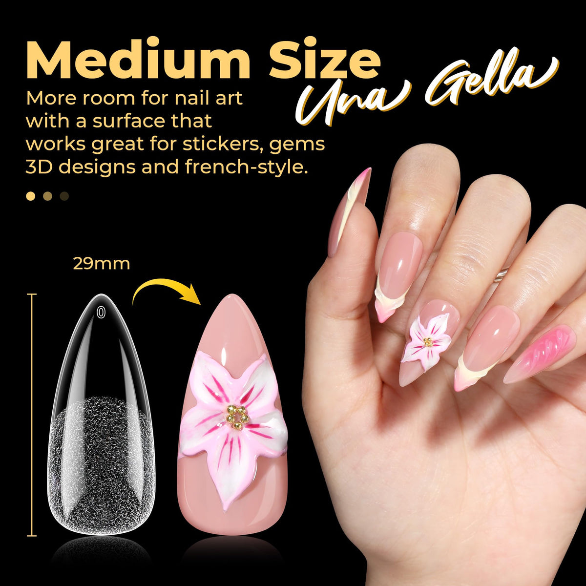 UNA GELLA scale comparison with coin showing true tip size and practical fit