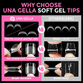 UNA GELLA tips beside a coin showing extra-short scale for realistic, everyday nail length