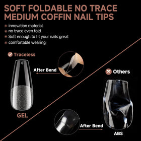 UNA GELLA tips next to fingers showing medium coffin length and realistic scale
