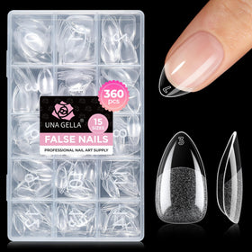 UNA GELLA front packaging showing 360-piece almond set and benefits