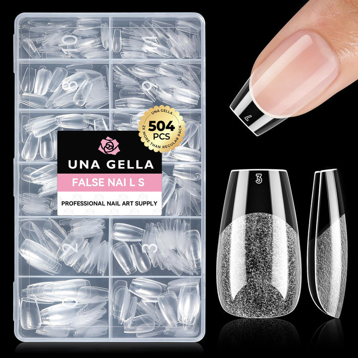 UNA GELLA front packaging showing 504 short coffin tips and contents benefit easy supply