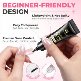 UNA GELLA kit next to a hand for scale showing compact size