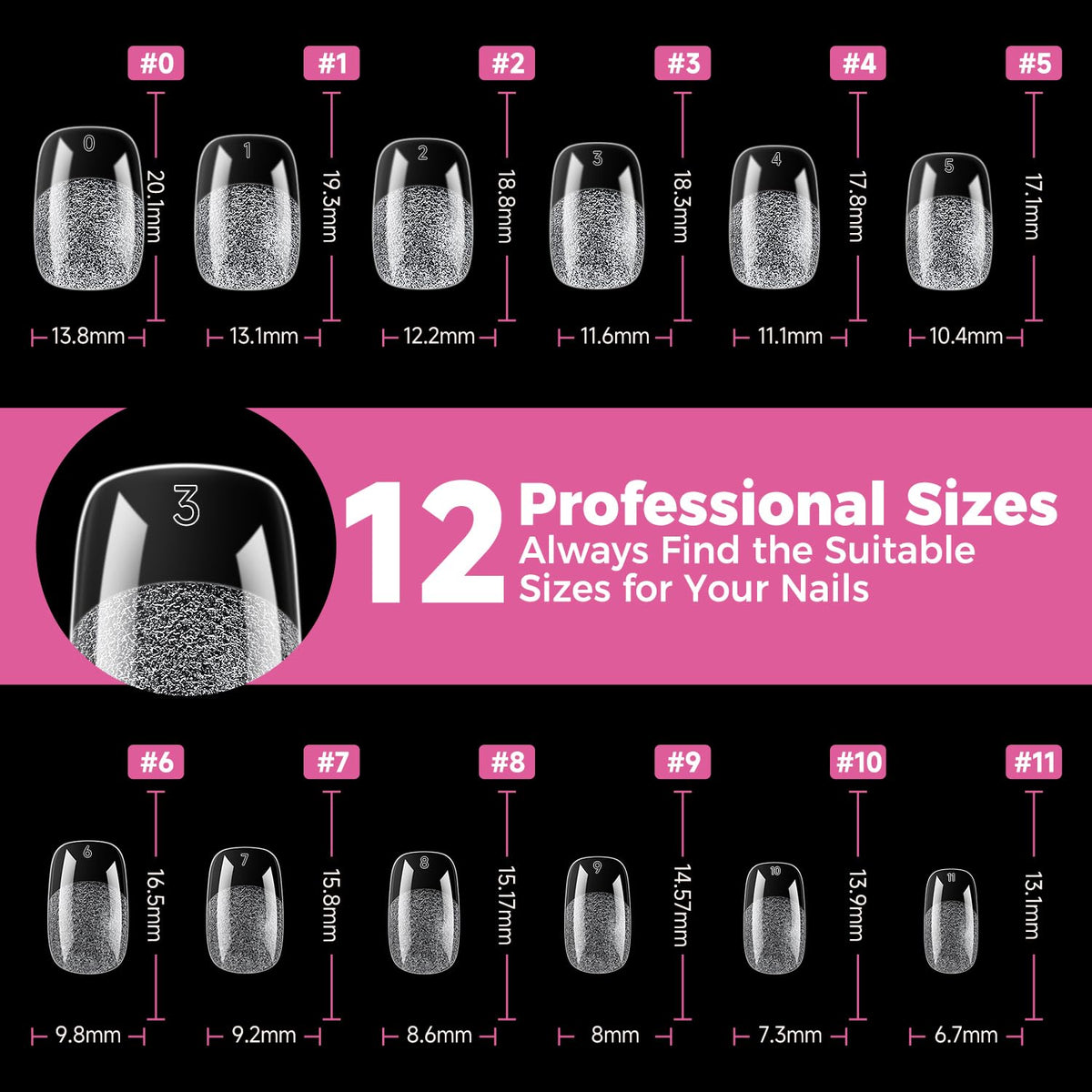 UNA GELLA size comparison on hand showing true-to-scale fitting benefit for each nail