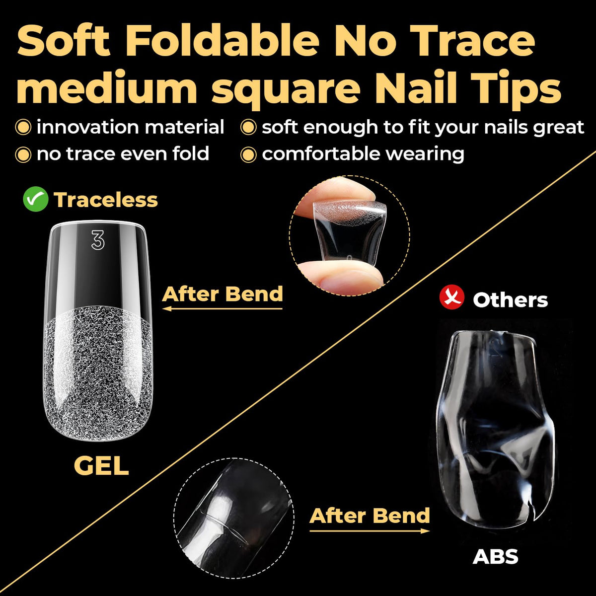 UNA GELLA soft gel tip bending to demonstrate flexibility and no-crease comfort