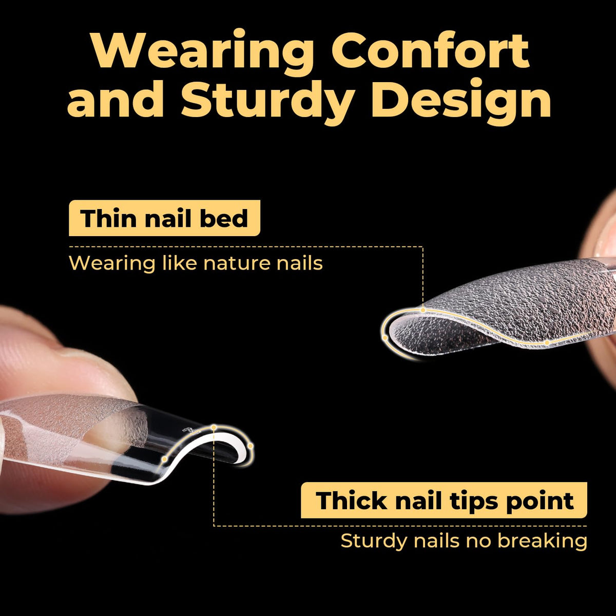 UNA GELLA side view of medium square tip showing thin cuticle edge and sturdy tip