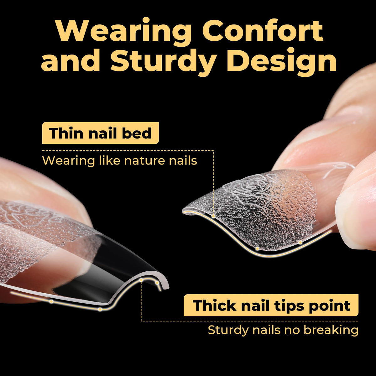 UNA GELLA tip applied on a natural nail, shows natural full-cover look and fit