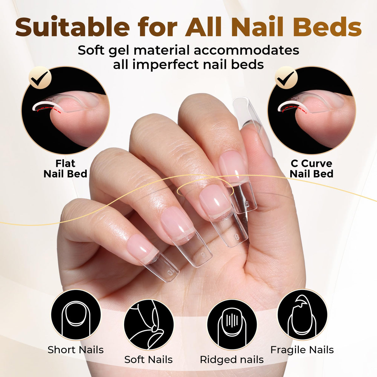 UNA GELLA tips in hand to show scale and how they sit on a finger