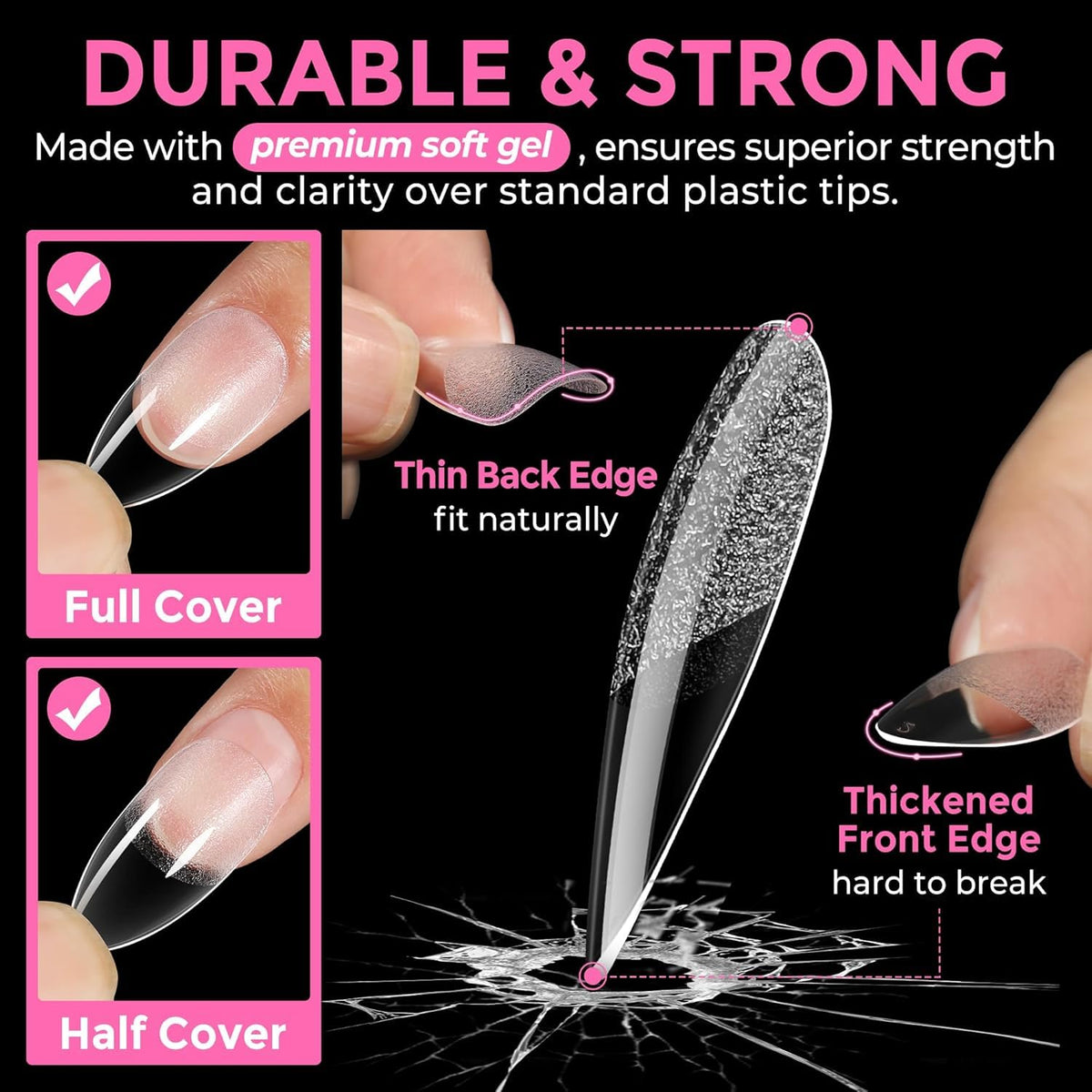 UNA GELLA trimmed and shaped tips demonstrating easy customization and shaping