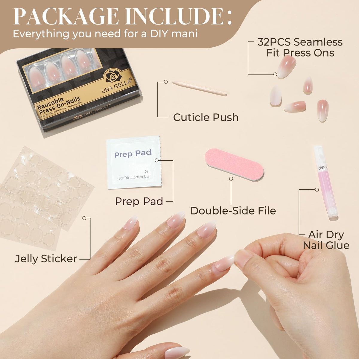 UNA GELLA tools and accessories box with glue tabs for easy use