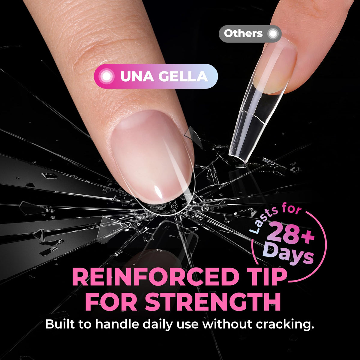 UNA GELLA tips applied on hand showing natural look and everyday usability