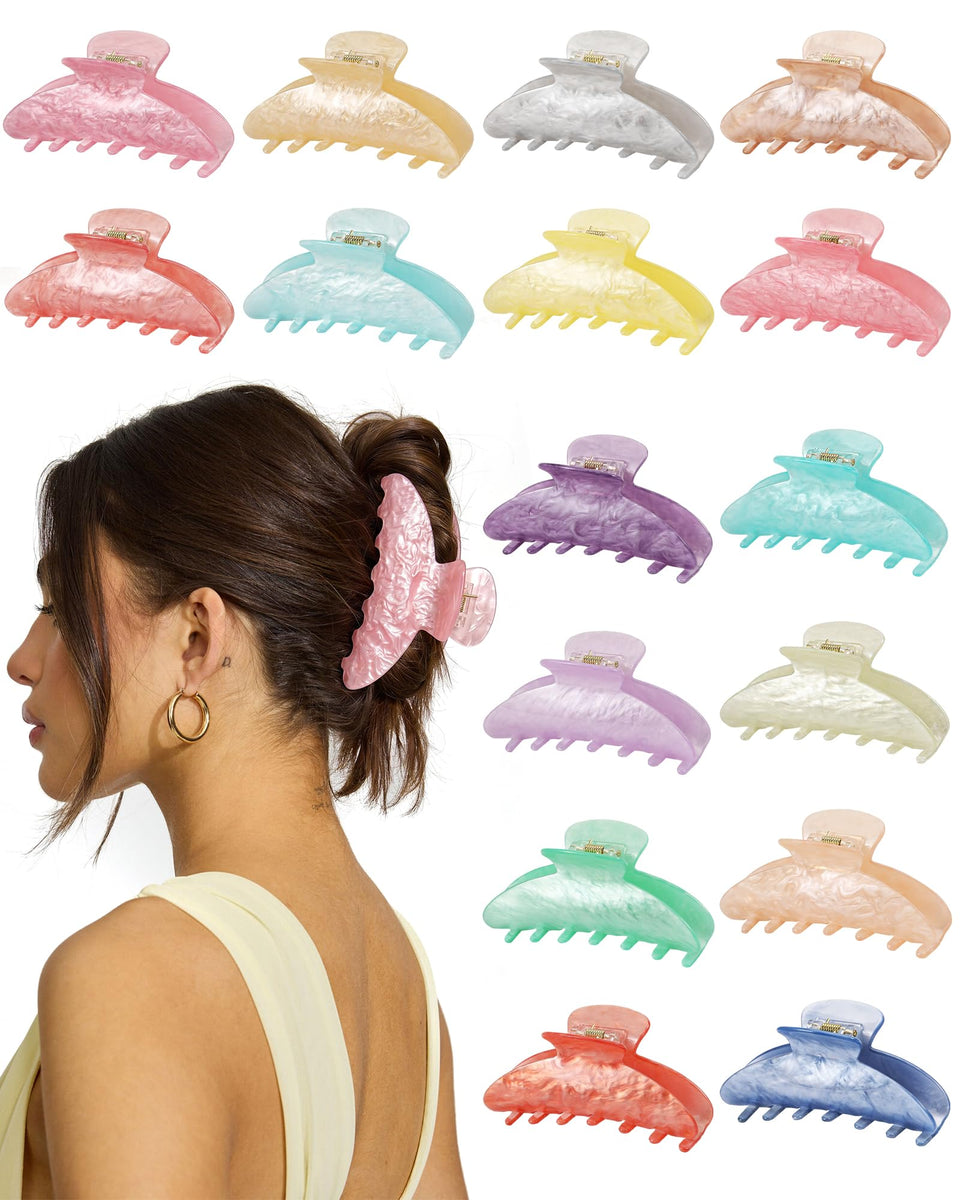 Unbednigt front pack of 16 colorful acrylic claw clips showing variety and quick styling benefit