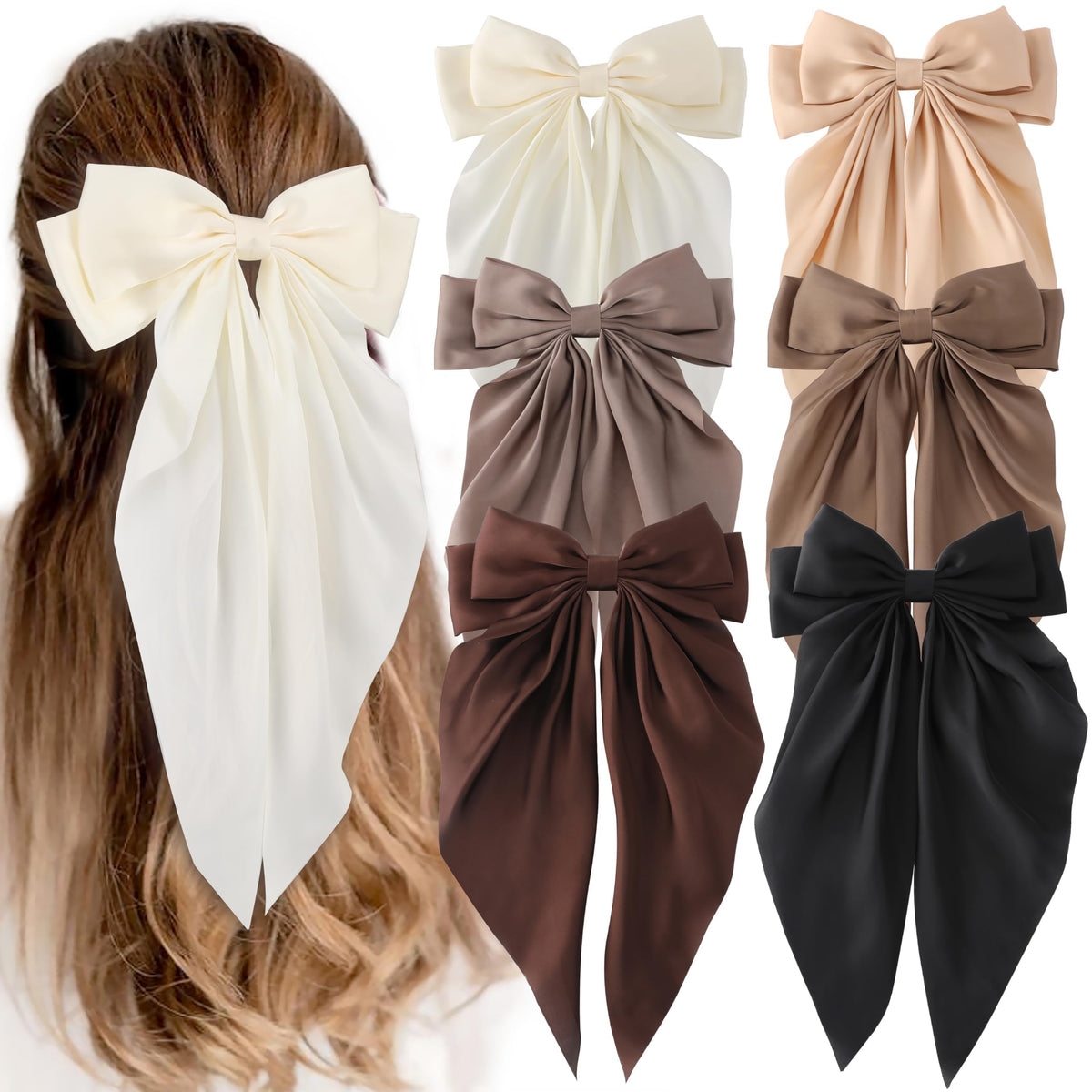 Unbednigt front view of six neutral satin bow clips, shows variety and styling options
