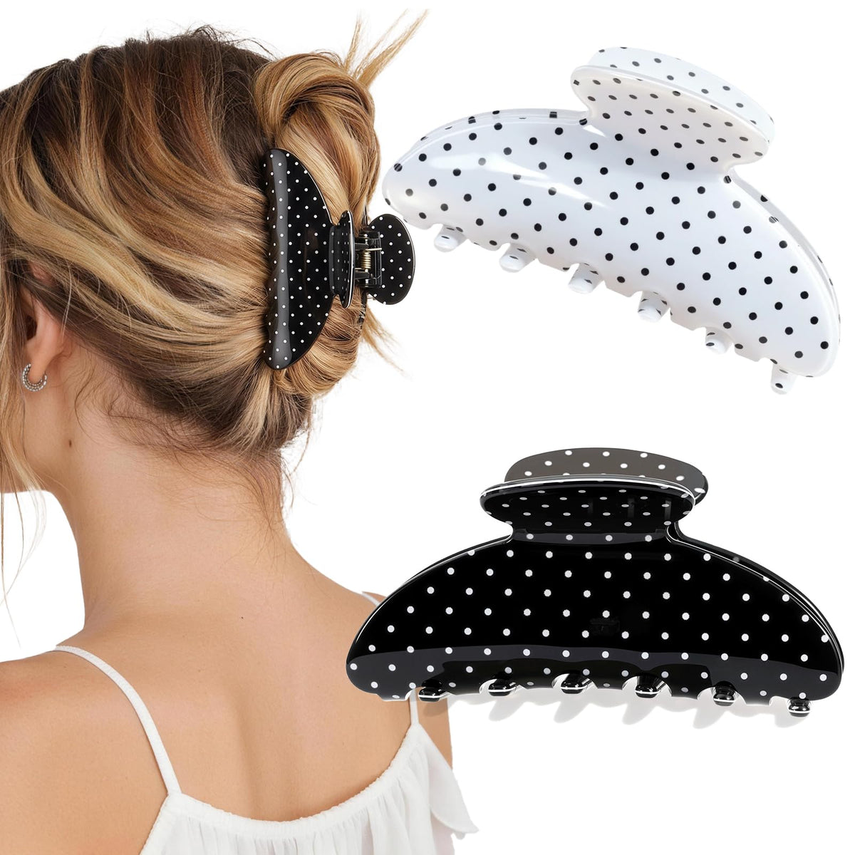 Unbednigt front view of two polka dot clips showing design and reliable hold