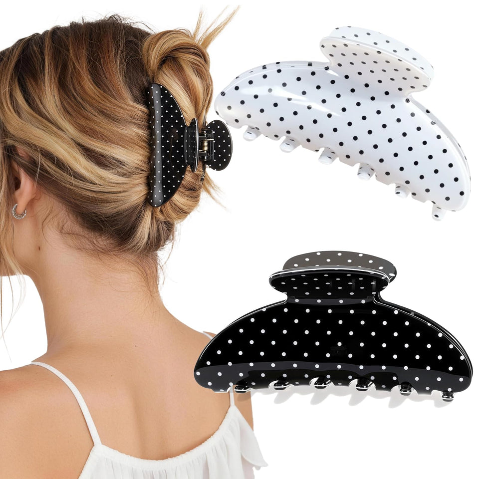 Unbednigt front view of two polka dot clips showing design and reliable hold