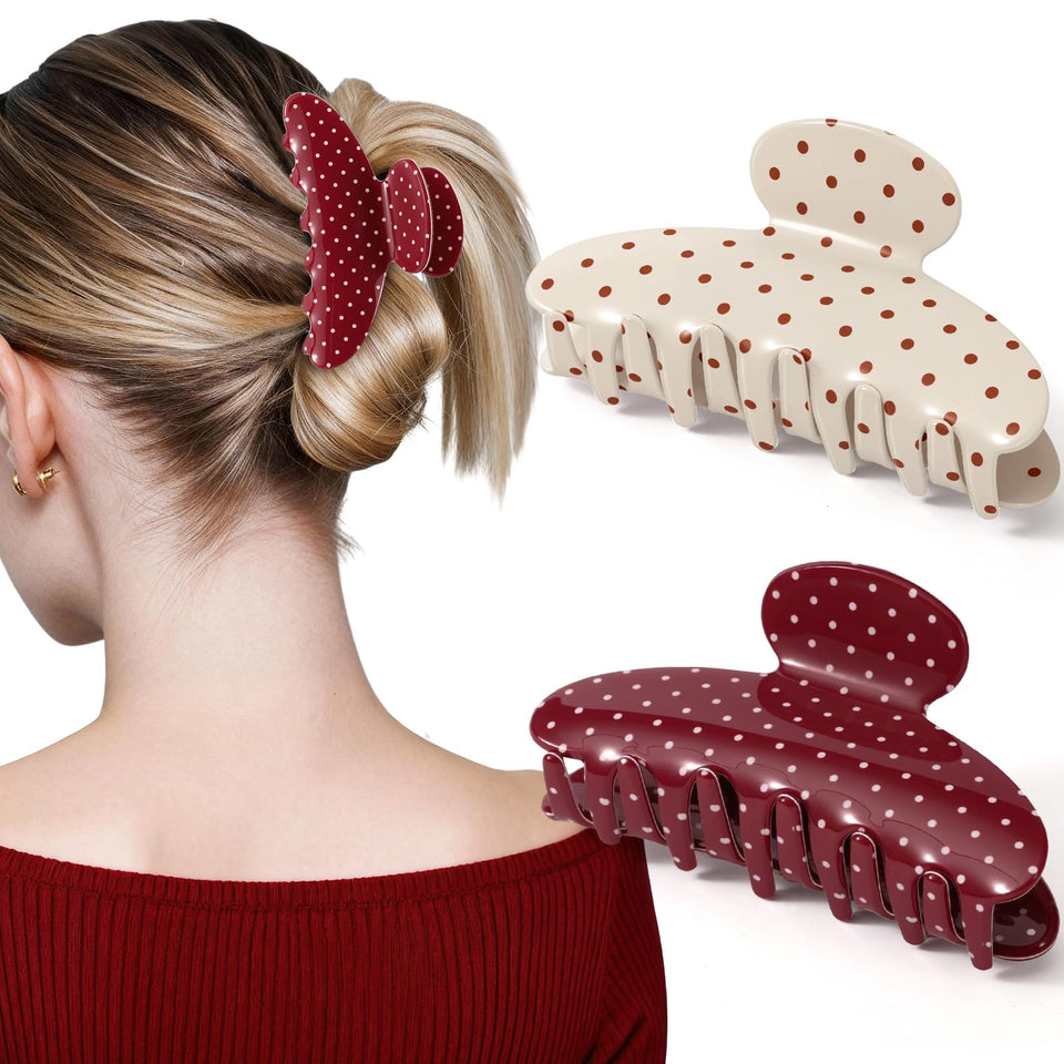 Unbednigt front view of polka dot clips showing stylish grip and color