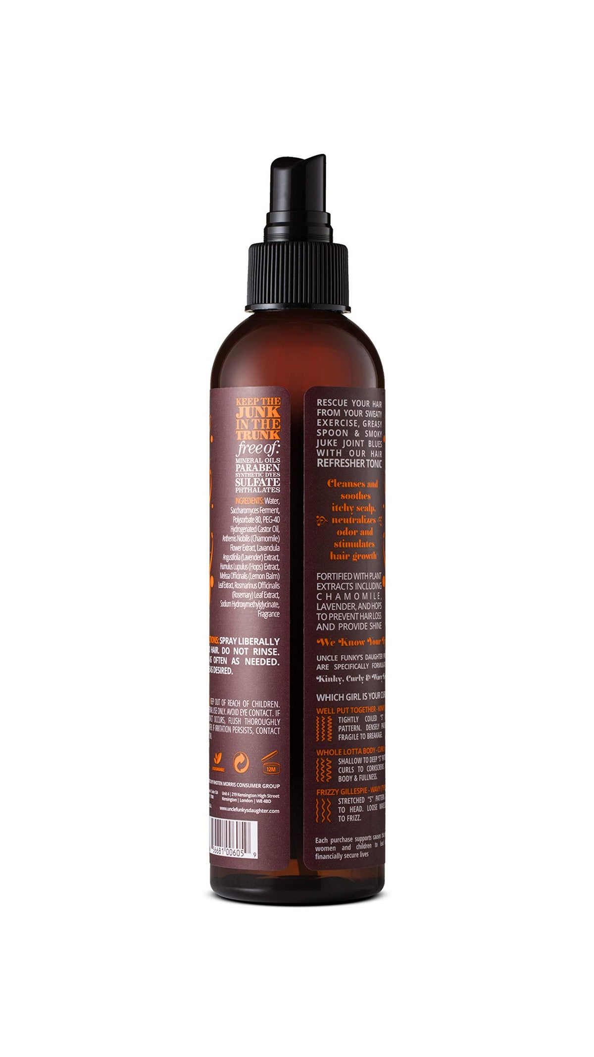 Uncle Funky's Daughter ingredients label close-up highlighting plant extracts and gentle formula