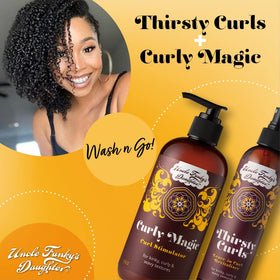 Uncle Funky's Daughter used on curly hair in lifestyle scene demonstrating revived bounce and manageability