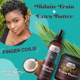 Uncle Funky's Daughter aloe vera and olive oil ingredients display showing natural conditioning benefits